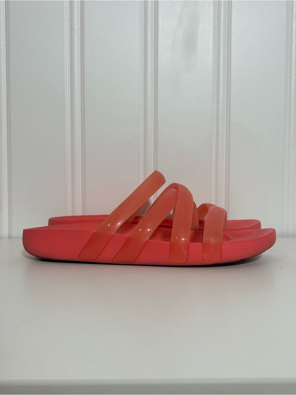 Crocs splash glossy strappy Coral Pink Slide Sandals - Sleek women’s 8